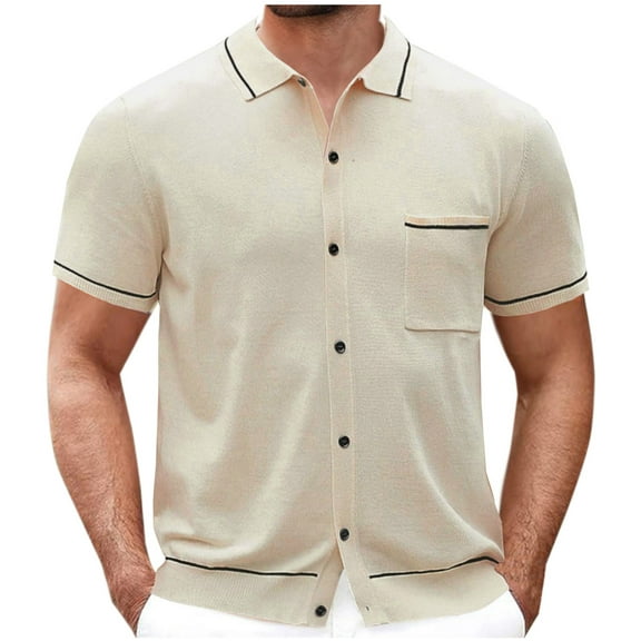 Lovskoo Men's Button Down Shirt Vintage Short Sleeve Knit Shirt Casual Solid Color Lightweight Hollow Out Shirt Beige