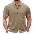 thumbnail image 1 of Lovskoo Men's Button Down Shirt Vintage Short Sleeve Knit Shirt Casual Solid Color Lightweight Hollow Out Shirt Khaki, 1 of 7