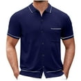 thumbnail image 1 of Lovskoo Men's Button Down Shirt Vintage Short Sleeve Knit Shirt Casual Solid Color Lightweight Hollow Out Shirt Navy, 1 of 7