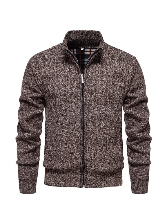 Men's Cardigan Sweaters Casual Solid Color Winter Warm Fleece Lined Full Zip Sweaters Knitted Cardigan with Pockets Coffee