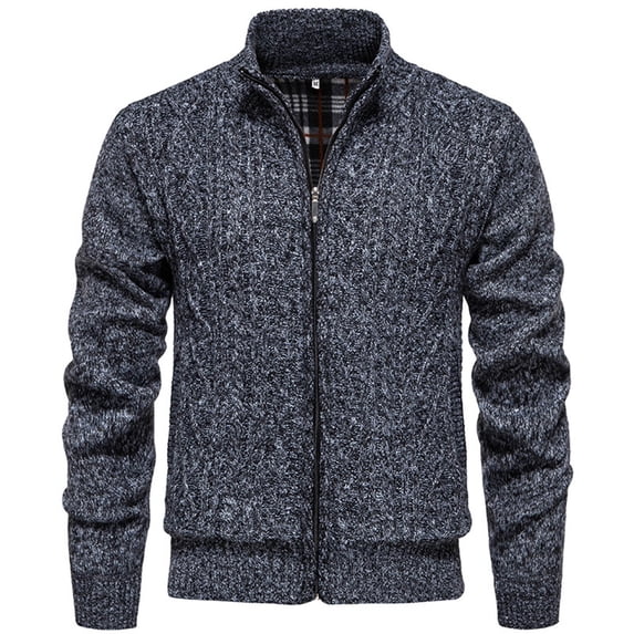 Lovskoo Men's Cardigan Sweaters Casual Solid Color Winter Warm Fleece Lined Full Zip Sweaters Knitted Cardigan with Pockets Dark Gray
