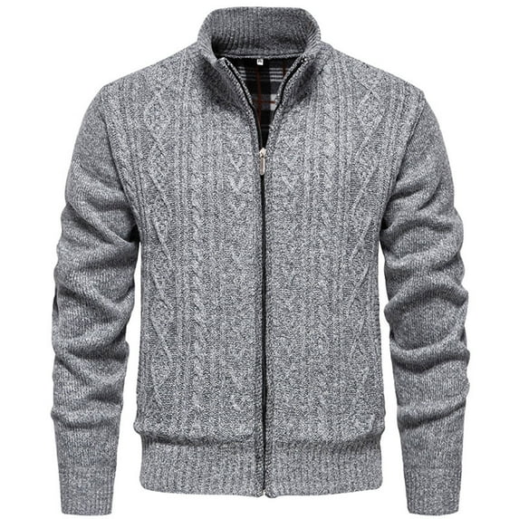 Lovskoo Men's Cardigan Sweaters Casual Solid Color Winter Warm Fleece Lined Full Zip Sweaters Knitted Cardigan with Pockets Gray