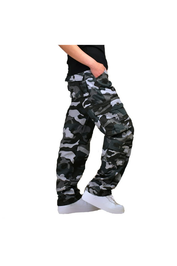 Men's Cargo Jeans Camouflage Pants Solid Multi-Pocket Washed Outdoor Casual Combat Work Pants Trousers Blue