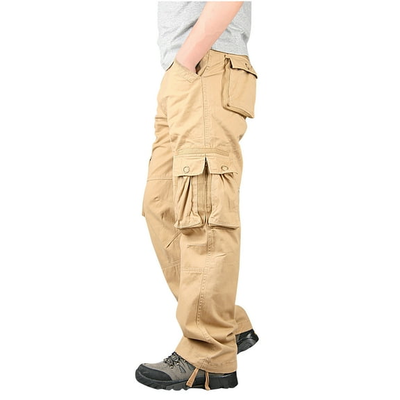 Lovskoo Men's Casual Cargo Pants Slim Multi Pocket Straight Trousers Outdoor Sports Work Pants Khaki