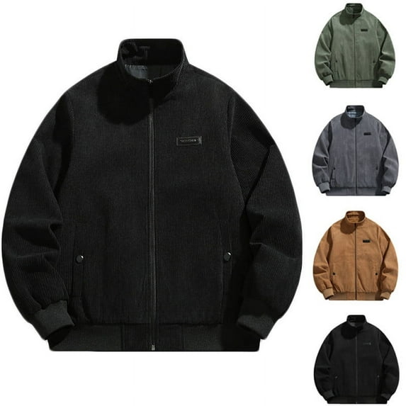 Lovskoo Men's Corduroy Satnd Collar Zipper Waxed Jacket Hardshell Outdoor Sportswear Turtleneck Trench Middle-Aged Business Casual Jacket Dark Gray