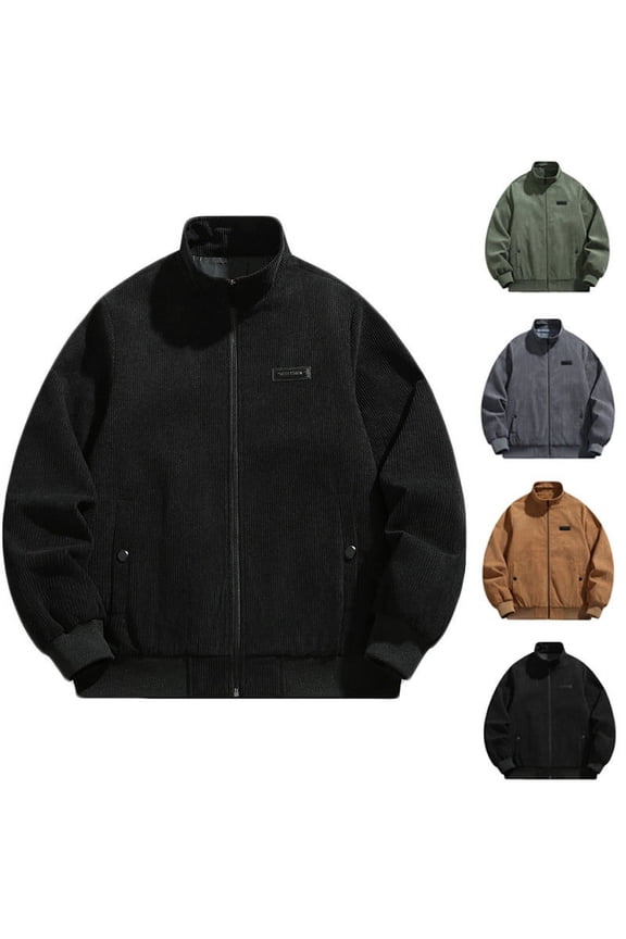 Men's Corduroy Satnd Collar Zipper Waxed Jacket Hardshell Outdoor Sportswear Turtleneck Trench Middle-Aged Business Casual Jacket Yellow