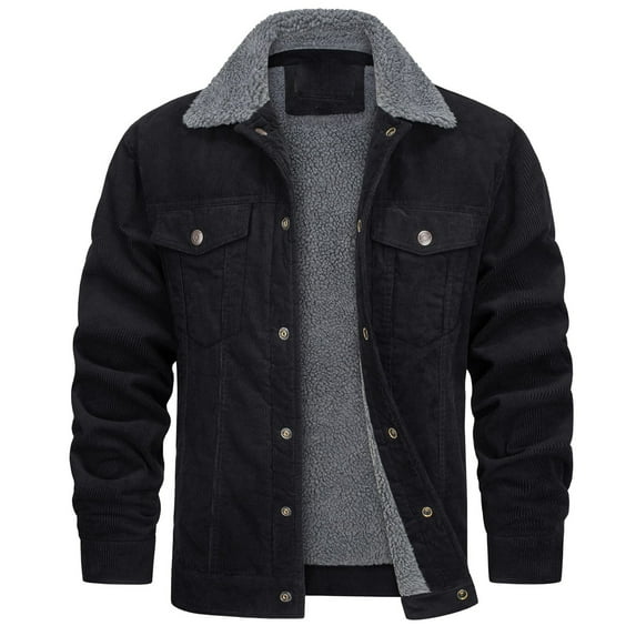Lovskoo Men's Corduroy Waxed Jacket Fleece Lined Coat Thick Warm Outdoor Solid Button Down Lapel Collar Pockets Windproof Winter Casual Jacket Black