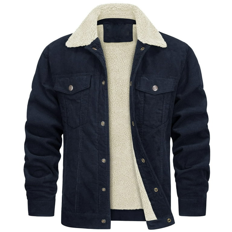 Lovskoo Men's Corduroy Waxed Jacket Fleece Lined Coat Thick Warm Outdoor  Solid Button Down Lapel Collar Pockets Windproof Winter Casual Jacket Navy  - Walmart.com