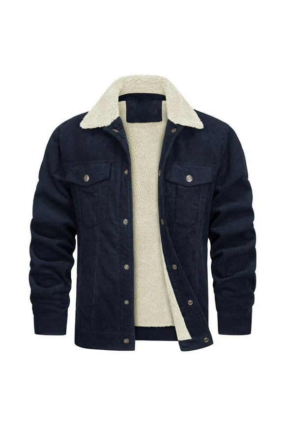 Men's Corduroy Waxed Jacket Fleece Lined Coat Thick Warm Outdoor Solid Button Down Lapel Collar Pockets Windproof Winter Casual Jacket Navy