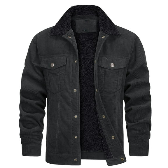 Lovskoo Men's Corduroy Waxed Jacket Fleece Lined Coat Thick Warm Outdoor Solid Button Down Lapel Collar Pockets Windproof Winter Casual Jacket Dark Gray