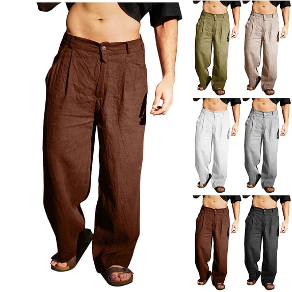 Lovskoo Men's Cotton Linen Pants Solid Color Loose Casual Button Zipper Full Length Pants White