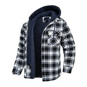 Lovskoo Men's Cotton Plaid Long Sleeve Shirts Jacket Zipper Fleece Lined Flannel Shirts Sherpa Button Down Coat with Hood Black