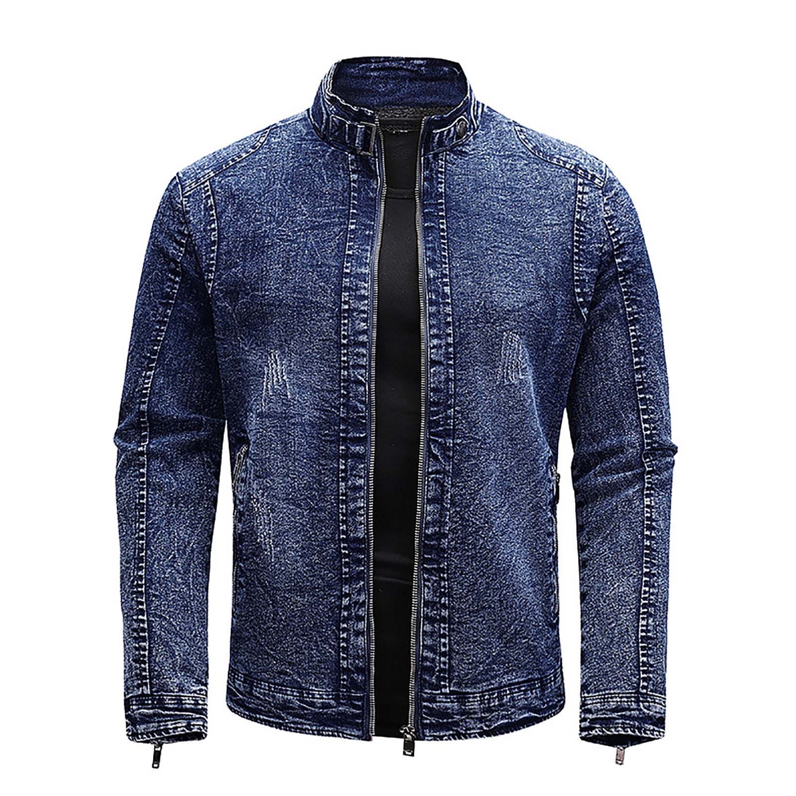 Lovskoo Men s Fall Winter Fleece Denim Jacket Stretch Washed Denim Top Jacket Men s Fleece Lined Jean Jacket Cotton Lined Denim Trucker Jacket Stand Collar Windbreaker Washed Outwear Coat Walmart