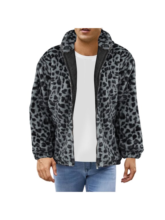 Men's Faux Fur Coat Winter Warm Fashion Leopard Long Sleeve Hooded Casual Outwear Jackets Blue