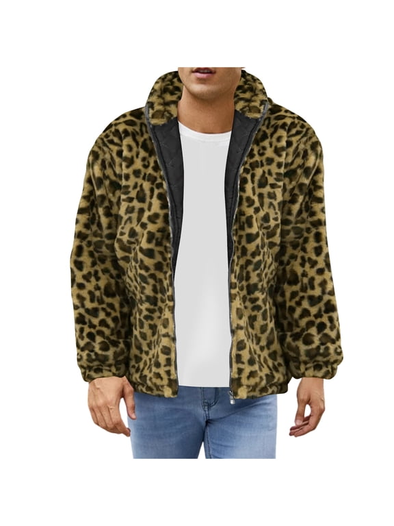 Men's Faux Fur Coat Winter Warm Fashion Leopard Long Sleeve Hooded Casual Outwear Jackets Green