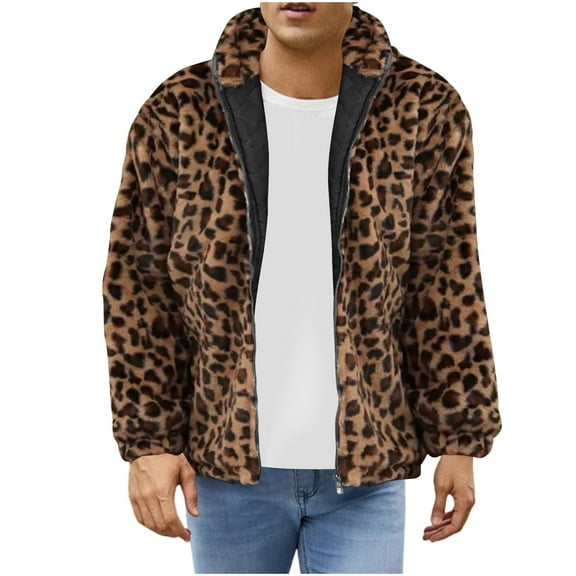 Lovskoo Men's Faux Fur Coat Winter Warm Fashion Leopard Long Sleeve Hooded Casual Outwear Jackets Yellow