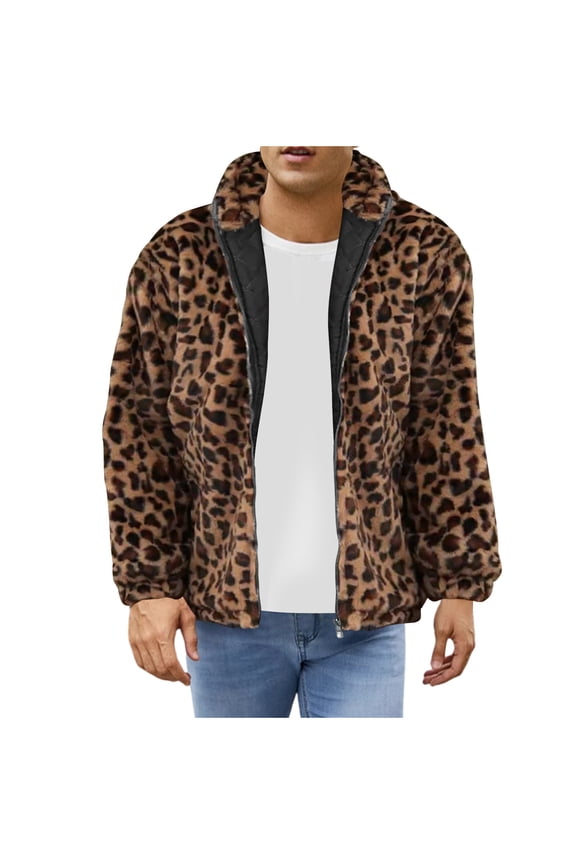 Men's Faux Fur Coat Winter Warm Fashion Leopard Long Sleeve Hooded Casual Outwear Jackets Yellow