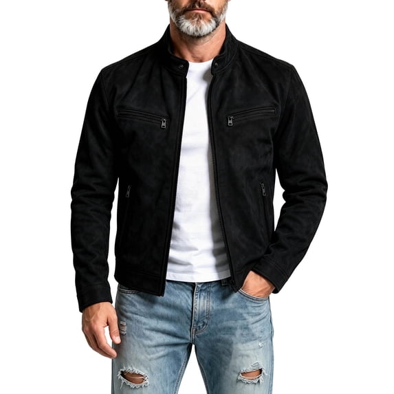Lovskoo Men's Faux Suede Jacket Stand Collar Zip Up Multi-Pocket Long ...