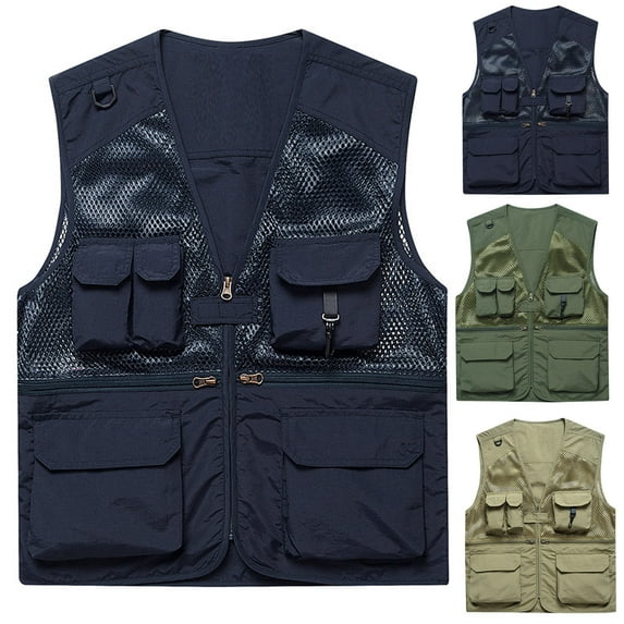 Lovskoo Men's Fishing Vest Summer Sleeveless Outdoor Quick Drying Mesh Multiple Pockets Lightweight Work Photo Vest Jacket Cargo Vest Khaki