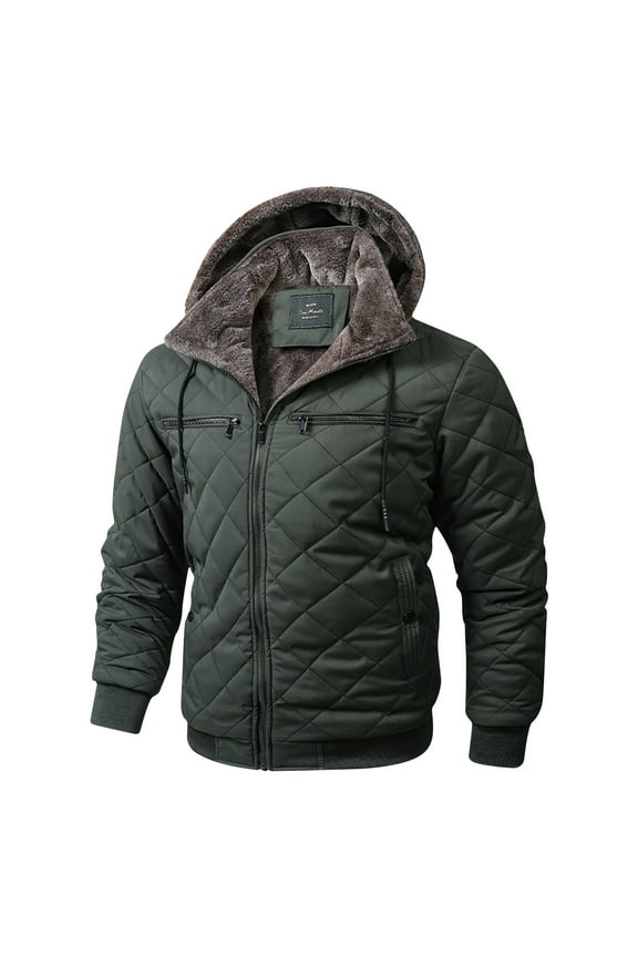 Men's Fleece Lined Winter Coat Quilted Puffer Jackets Solid Color Thick Windproof Pocket Zipper Hooded Outdoor Jacket Olive Green