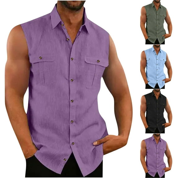 Lovskoo Men's Hawaiian Linen Shirt Sleeveless Solid Color Cotton And Linen Button Up Shirt with Lapel Pocket Beach Shirt Black