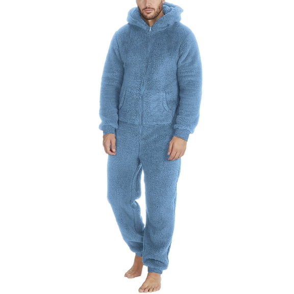 Lovskoo Men's Hooded Onesie Pajamas Romper Fuzzy Fleece Zip Up Jumpsuit Long Sleeve Fall Winter Warm Long Pants One Piece Sleepwear Blue 5XL