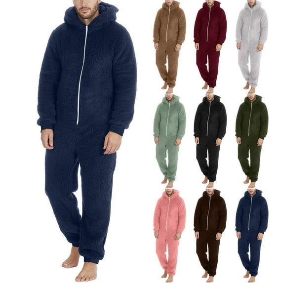 Lovskoo Men's Hooded Onesie Pajamas Romper Fuzzy Fleece Zip Up Jumpsuit Long Sleeve Fall Winter Warm Long Pants One Piece Sleepwear Gray 2XL