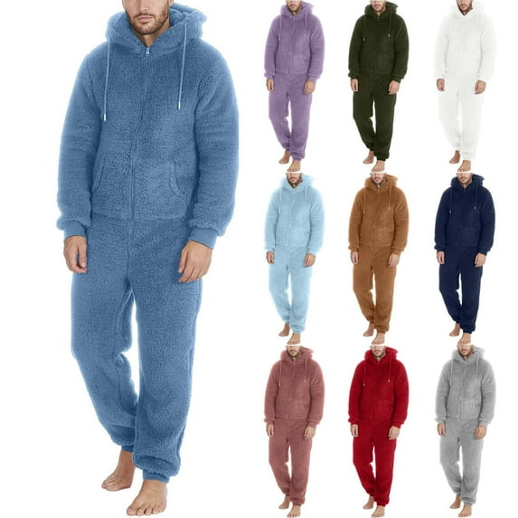 Lovskoo Men's Hooded Onesie Pajamas Romper Fuzzy Fleece Zip Up Jumpsuit Long Sleeve Fall Winter Warm Long Pants One Piece Sleepwear Gray L