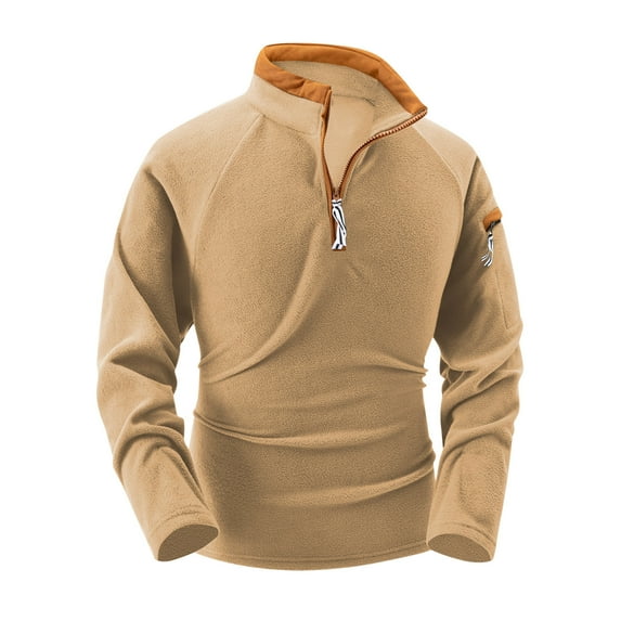Lovskoo Long Sleeve Shrits for Men Stand Collar Polar Fleece Vintage Sweatshirt Casual Half Zipper Pullover Fashion Color Block Sweatshirts B-Khaki
