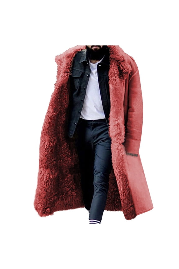 Men's Lapel Faux Fur Jacket Casual Solid Winter Turndown Keep Warm Single-Breasted Windbreaker Thicken Over The Knee Overcoat Coat S-5Xl Red