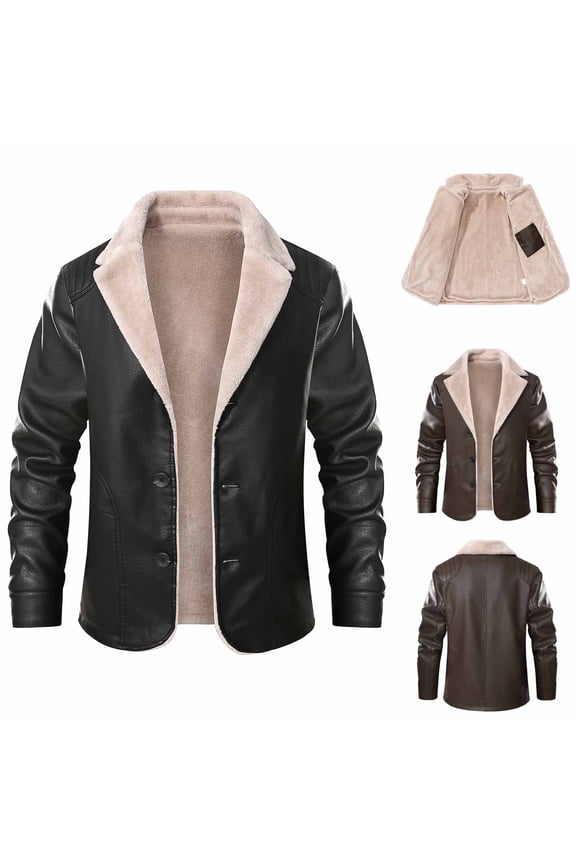 Men's Leather Jacket Shearling Lined Jacket Button Open Fleece Coat Long Sleeve Suit Board Jacket Motorcycle Jacket Black