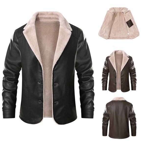 Lovskoo Men's Leather Jacket Shearling Lined Jacket Button Open Fleece Coat Long Sleeve Suit Board Jacket Motorcycle Jacket Brown