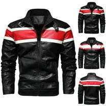 Lovskoo Men's Leather Jacket Turn-Down Casual Collar Zipper Patchwork Long Sleeve Outwear Jacket Motorcycle Jacket Black