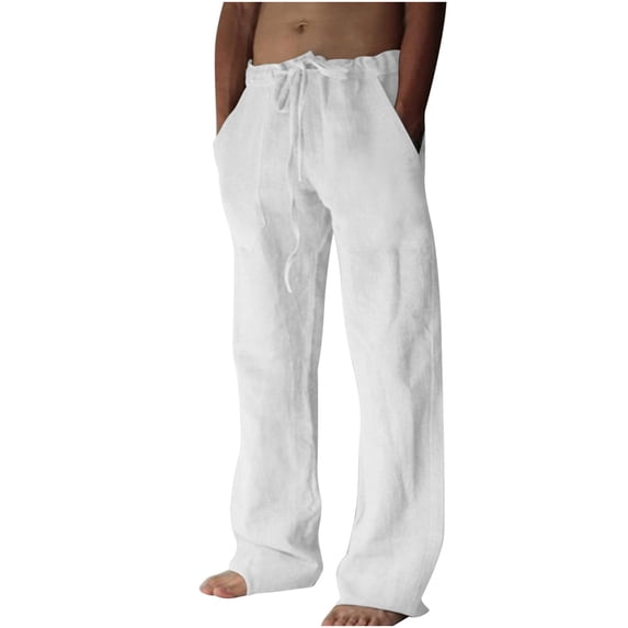 Lovskoo Men's Linen Cotton Loose Fit Casual Lightweight Elastic Waist Breathable Comfortable Soft Beach Trousers Full Length Chino Pants White