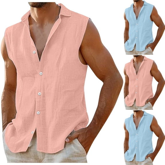Lovskoo Men's Linen Shirt Hawaiian Sleeveless Solid Color Cotton And Linen Shirt Button Down Collar Beach Shirt Light Blue