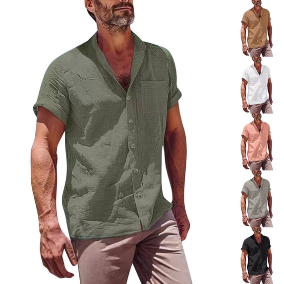 Lovskoo Men's Linen Shirts Casual Button Down Short Sleeve Shirts Summer Solid Color Loose Pocket Shirt Lapel Top Gray