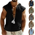 thumbnail image 1 of Lovskoo Men's Linen Shirts Casual Button Down Sleeveless Hooded Shirt V-Neck Loose Button Cotton And Linen Summer Blouse Tank Tops Light Blue, 1 of 7