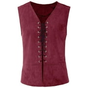 Lovskoo Men's Medieval Renaissance Vest Costume Pirate Halloween Cosplay Gothic Steampunk Lace Up Vest Waistcoat Red