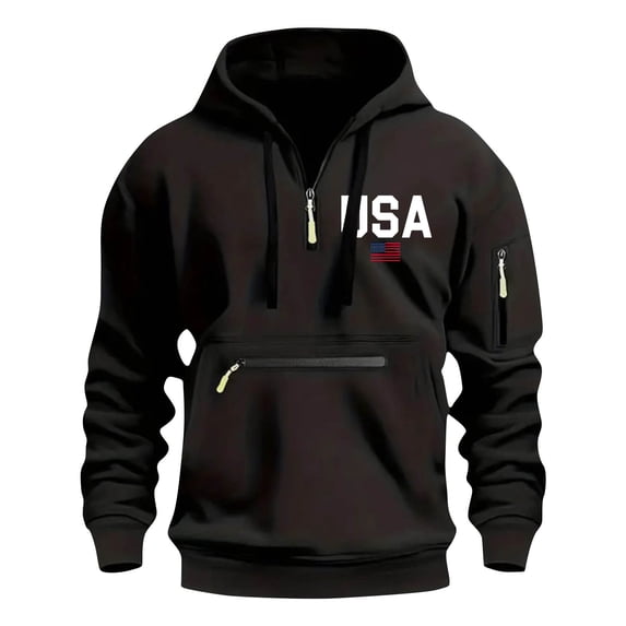 Lovskoo Men's Multi-Pocket Cargo Fleece Hoodie Spring and Fall Printed Hooded Sweatshirt Half Zip Pullover Sweatshirt Black