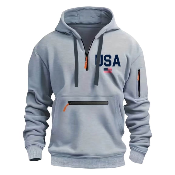 Lovskoo Men's Multi-Pocket Cargo Fleece Hoodie Spring and Fall Printed Hooded Sweatshirt Half Zip Pullover Sweatshirt Gray