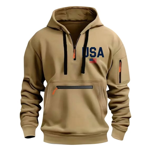 Lovskoo Men's Multi-Pocket Cargo Fleece Hoodie Spring and Fall Printed Hooded Sweatshirt Half Zip Pullover Sweatshirt Khaki