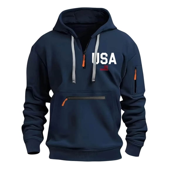Lovskoo Men's Multi-Pocket Cargo Fleece Hoodie Spring and Fall Printed Hooded Sweatshirt Half Zip Pullover Sweatshirt Navy