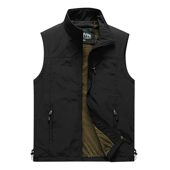 Lovskoo Men's Outdoor Casual Sleeveless Cargo Jackets Fleece Lined Stand Collar Full Zip Coats Warm Outwear Padded Vest Coats Black