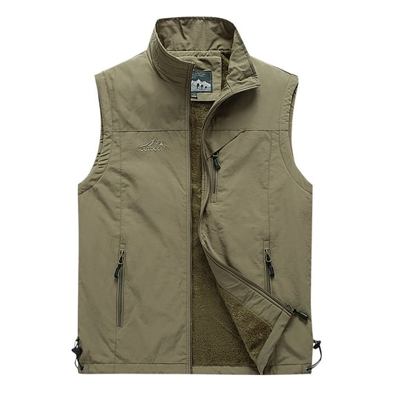 Lovskoo Men's Outdoor Casual Sleeveless Cargo Jackets Fleece Lined Stand Collar Full Zip Coats Warm Outwear Padded Vest Coats Khaki