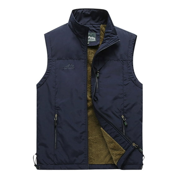 Lovskoo Men's Outdoor Casual Sleeveless Cargo Jackets Fleece Lined Stand Collar Full Zip Coats Warm Outwear Padded Vest Coats Navy