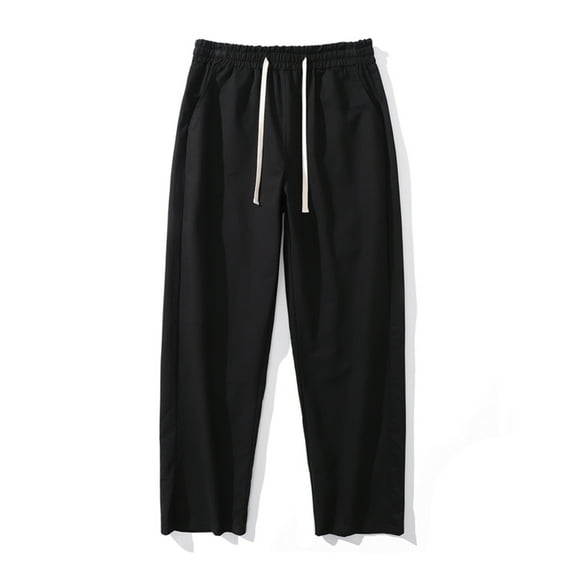Lovskoo Men's Pants Casual Trendy Solid Color Straight Leg Pants Drawstring Elastic Waist Pants Black
