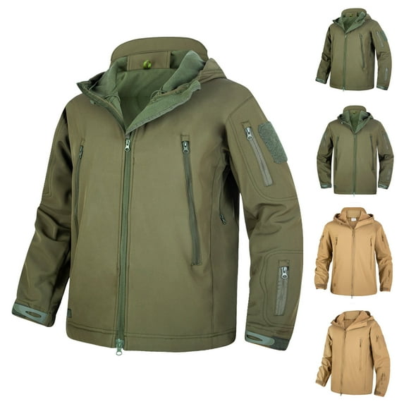 Lovskoo Men's Rain Jacket Hooded Casual Waterproof Winter Fleece Warm Jacket Hiking Wear Outdoor Sportswear Windbreaker Khaki
