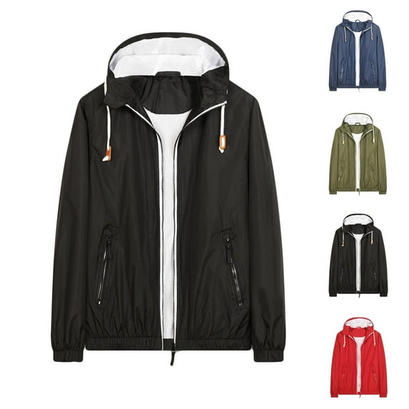 Lovskoo Men's Rain Jacket Trenchcoat Casual Waterproof Solid Thin Fall Outdoor Windbreaker Slim Fitting Long Sleeve Hooded Sun Protection Outerwear Outdoor Sprinter Coat Olive Green