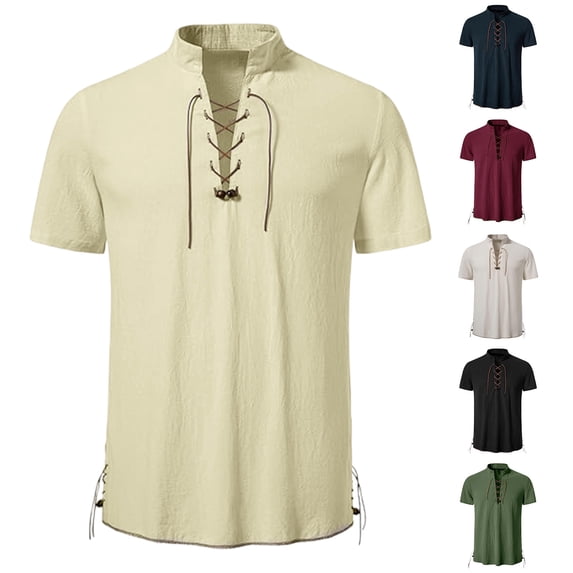 Lovskoo Men's Shirt Hippie Casual Beach Stand Up Collar Shirt Turndown Collar Tank Top Beige