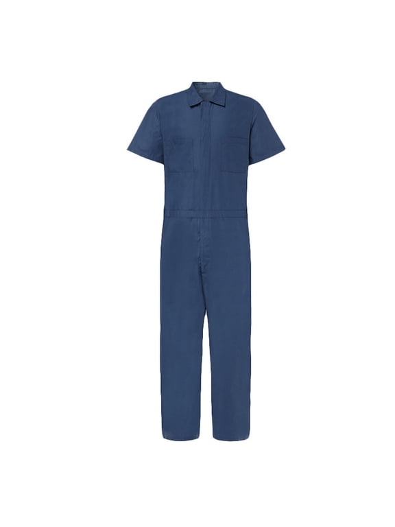 Men's Short-Sleeve Work Coverall Lightweight with Elastic Waist Jumpsuit Cargo Multi Pockets Romper Blue